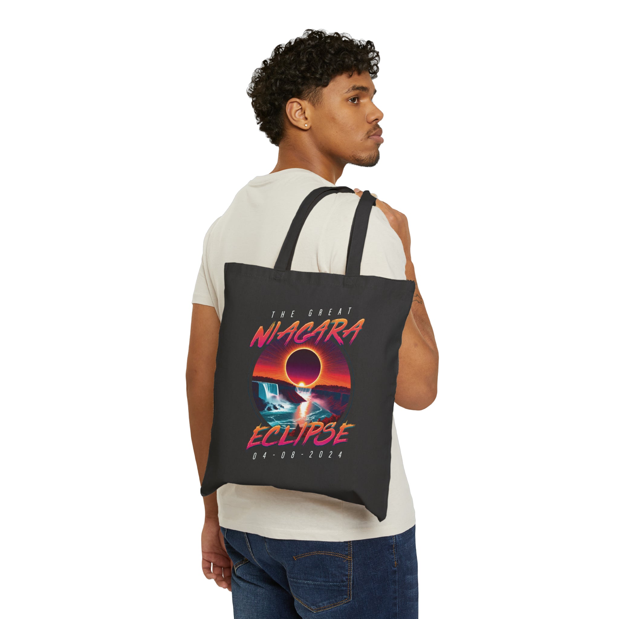 Niagara Falls Solar Eclipse 2024 Retrowave 80s Canvas Tote Bag - Sunset